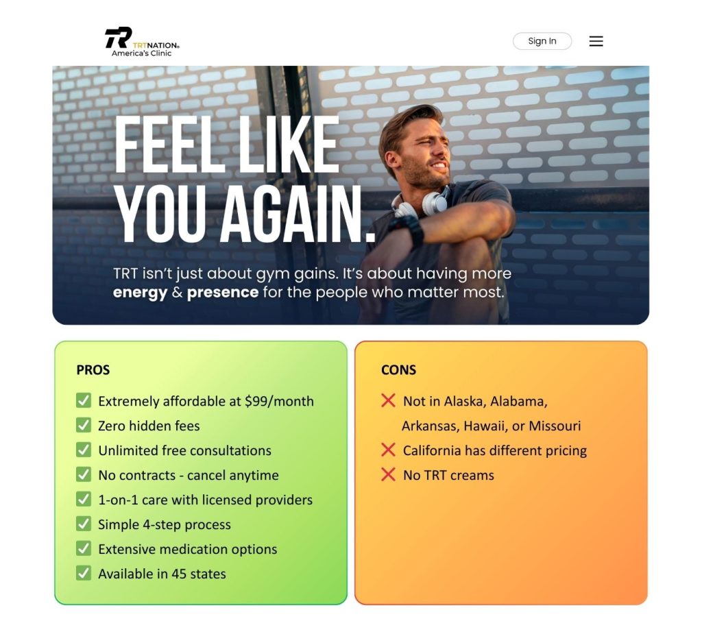 TRT Nation - extremely affordable at $99 a month. Unlimited consultations, no contracts, available in 45 states. Lots of medication options for tailored protocol for your specific hormone goals and optimizations. Zero hidden fees. Bring your own labs, or order through TRT Nation website.