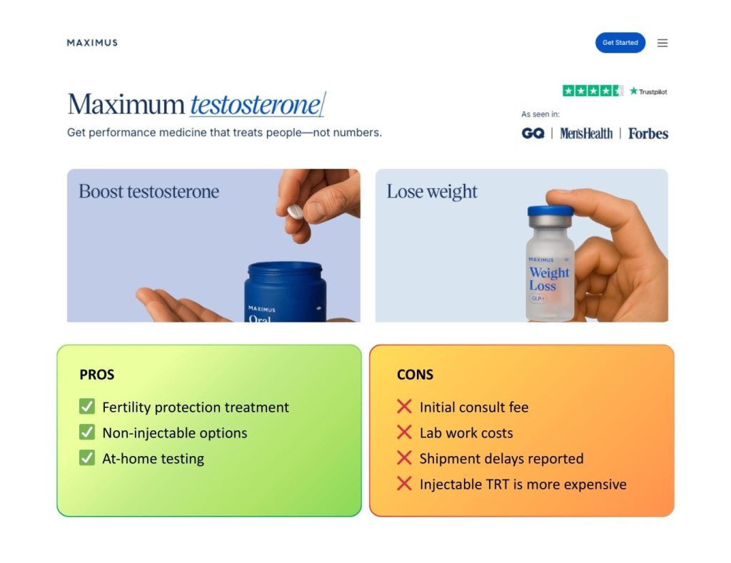 Maximus Tribe - consult and labs fees add-ons, shipment delays have been reported, injectable TRT is more expensive that their capsules.