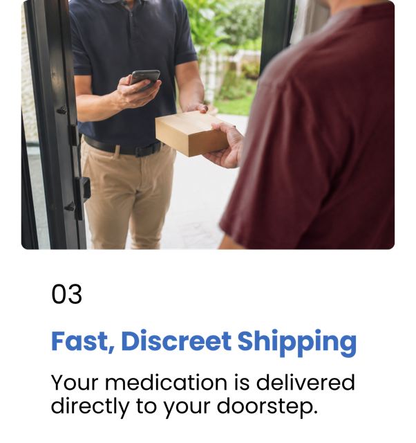 Step 3 - Fast, Discreet Shipping. Your medication is delivered directly to your doorstep.